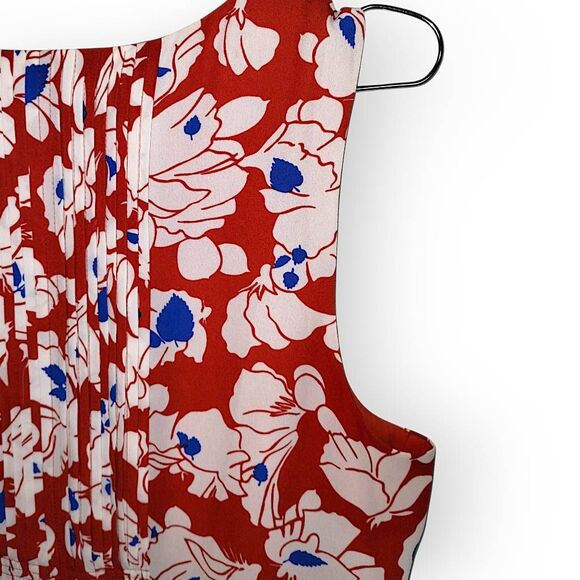 Banana Republic Dress Size‎ 14 Floral Pleated Sleeveless V Neck Red White Blue - Picture 8 of 13